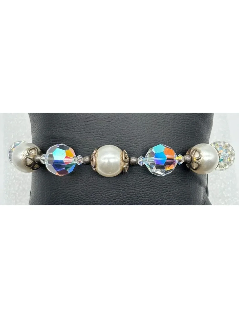Artisan Made Bracelet With Faceted AB Crystals Faux Pearls Sterling Toggle Clasp